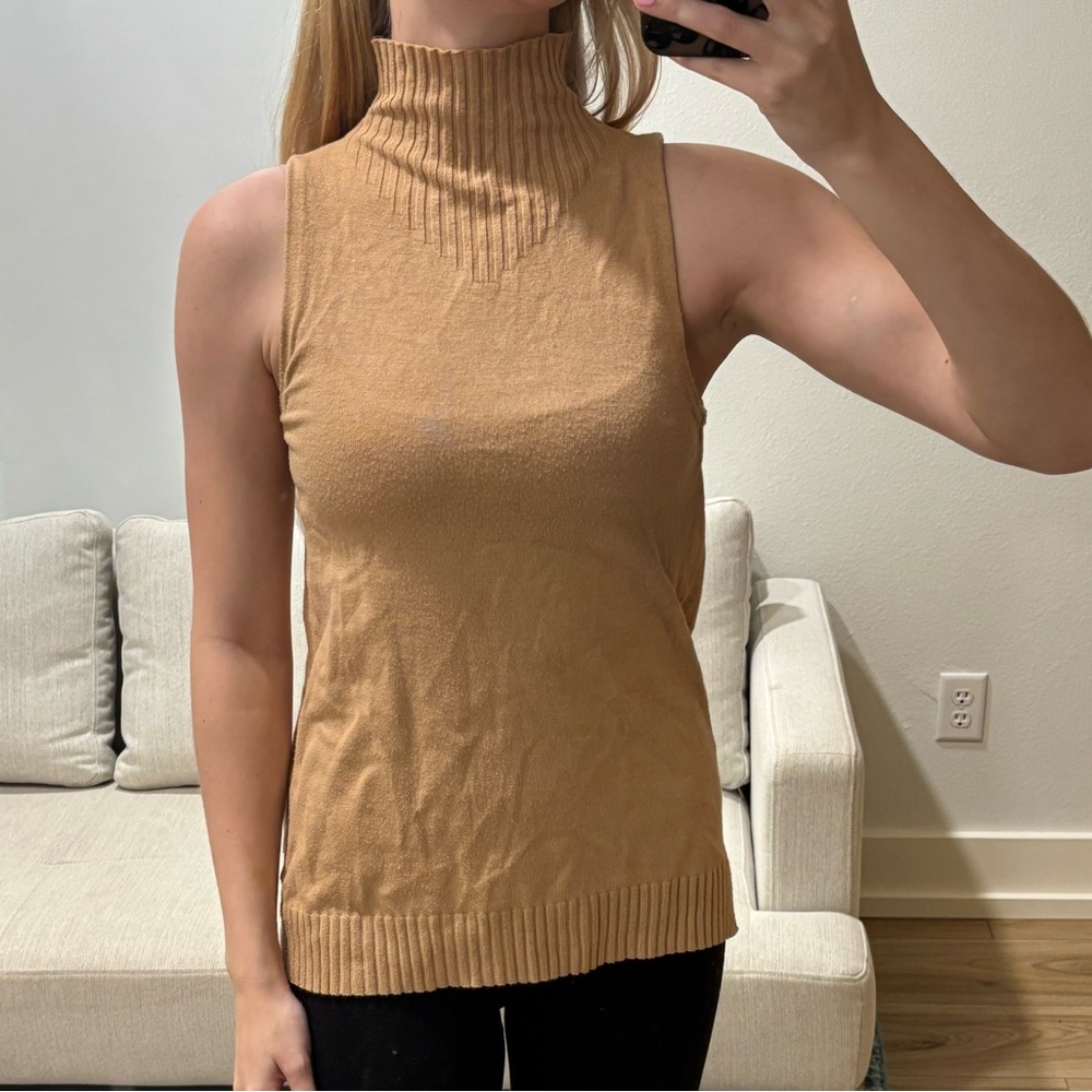 Central Park West Camel Sleeveless Turtleneck Tank Top